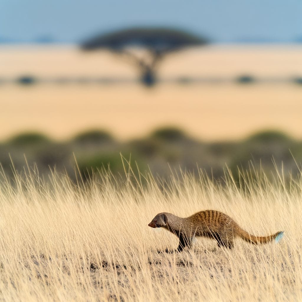Mongoose hunting, African savannah background, prey in distance.