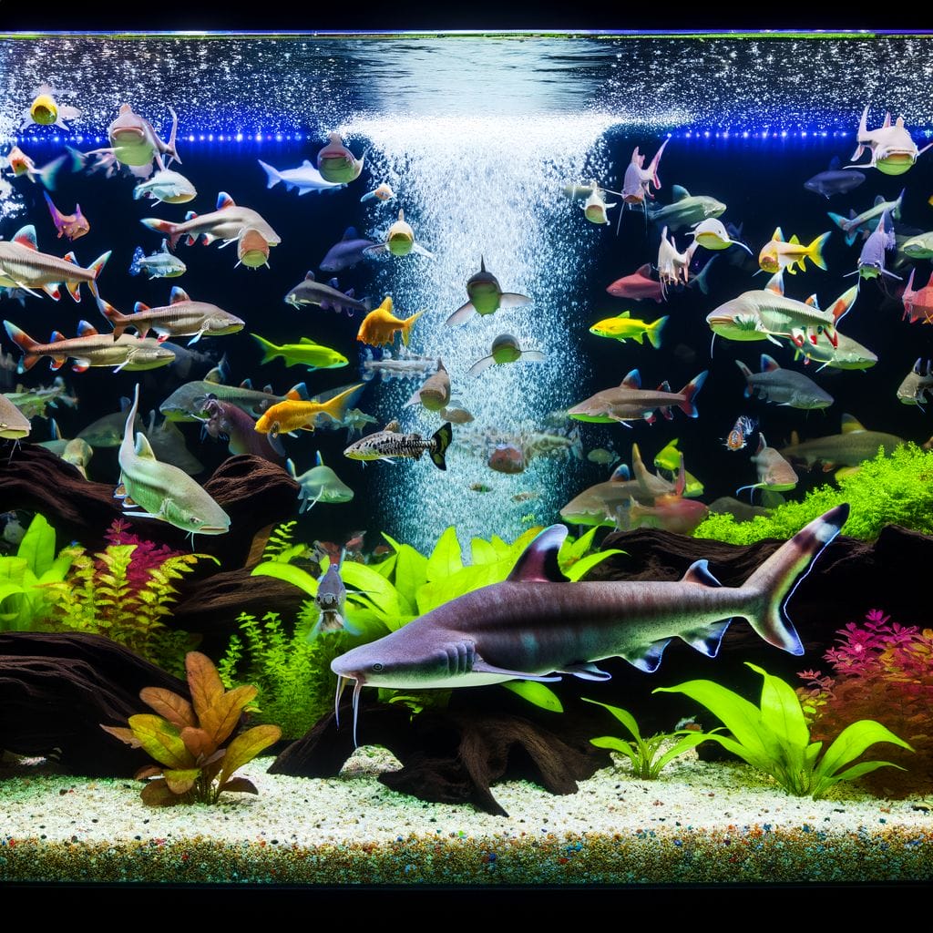 Myxocyprinus asiaticus with tank mates in decorated aquarium with plant