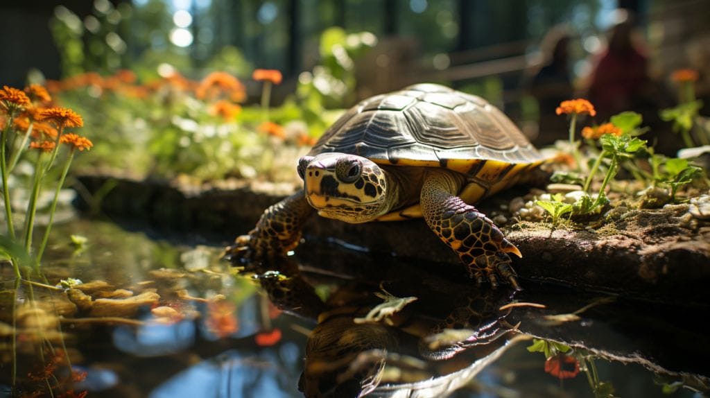 Outdoor turtle tank with vegetation, pond, sunbathing area