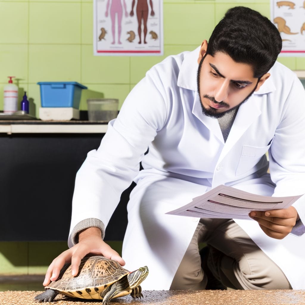 Owner inspects stationary turtle with health guide
