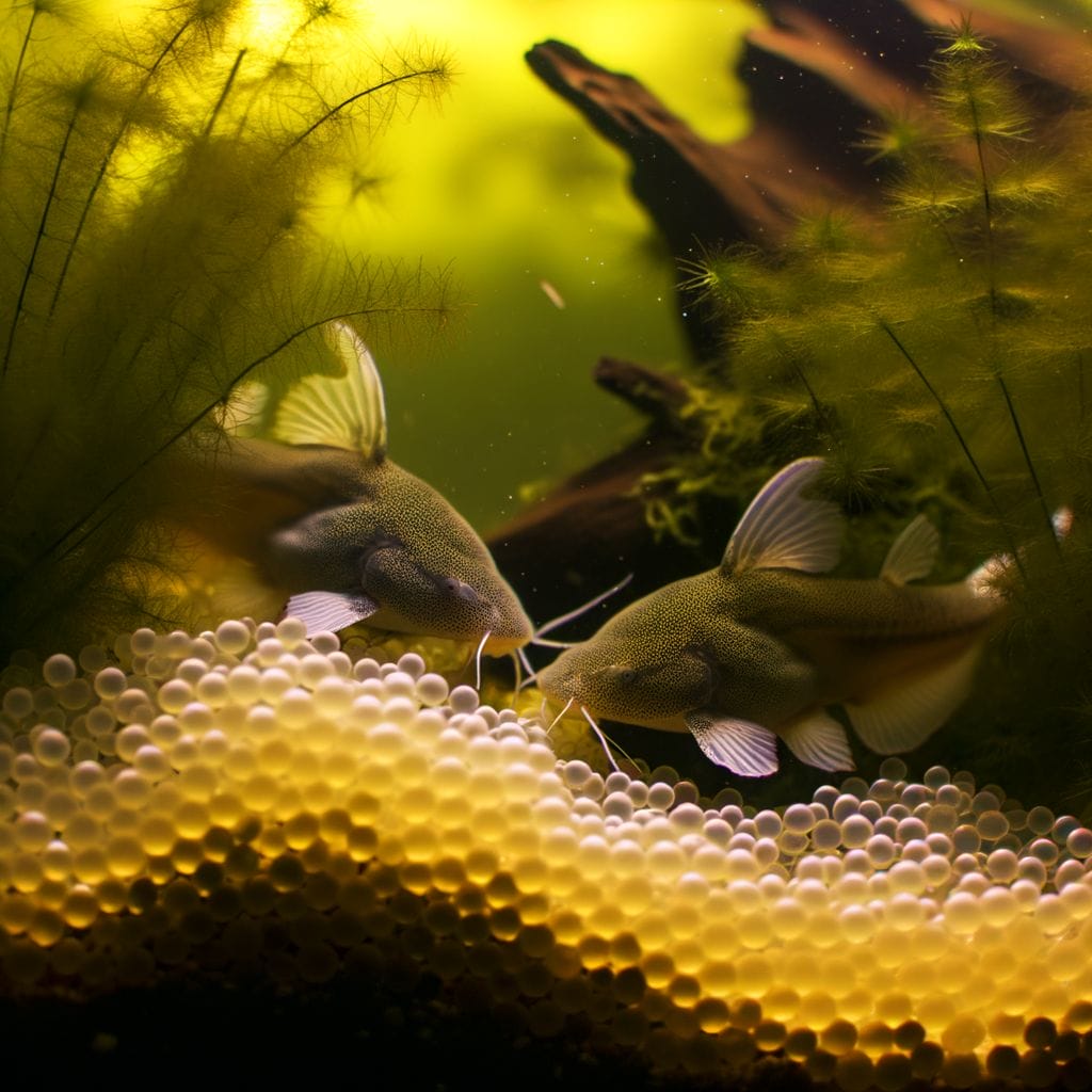 Pair of Sun Catfish, courtship behavior, eggs in aquatic setting, soft golden light