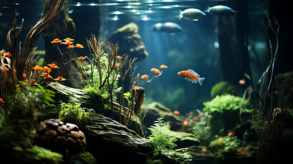 Peaceful aquarium with gouramis, angelfish, and hideout cave