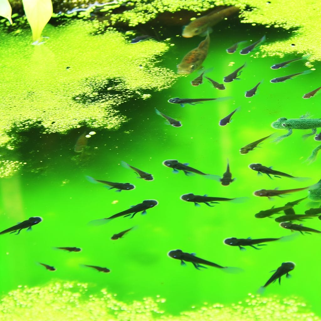 Peaceful tadpoles and fish in algae-rich pond