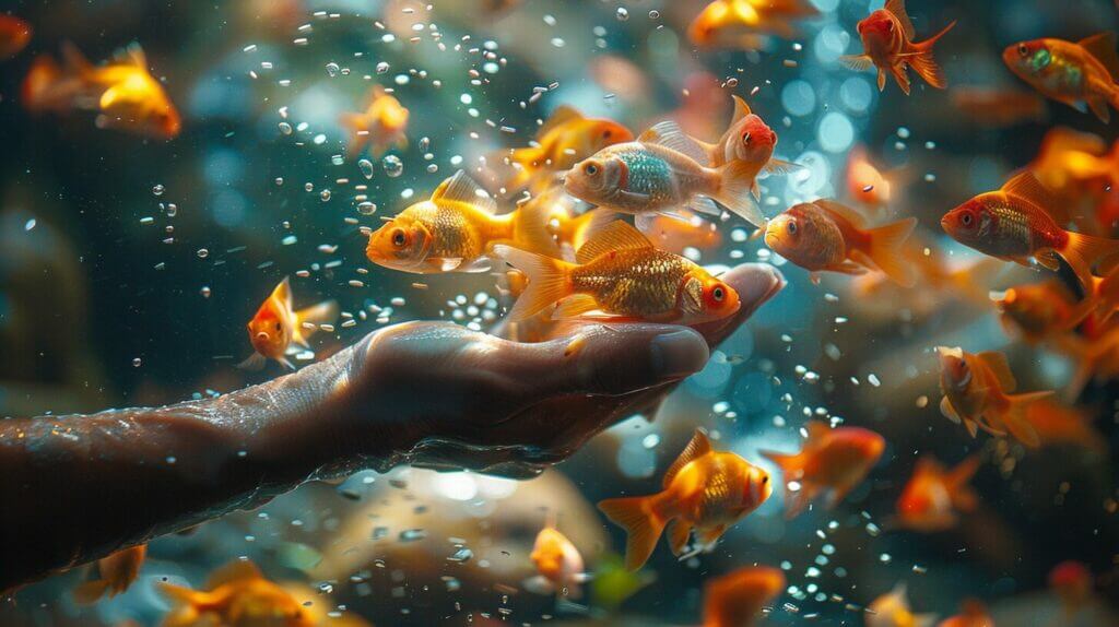 Person bonding with colorful fish in a serene fish tank.
