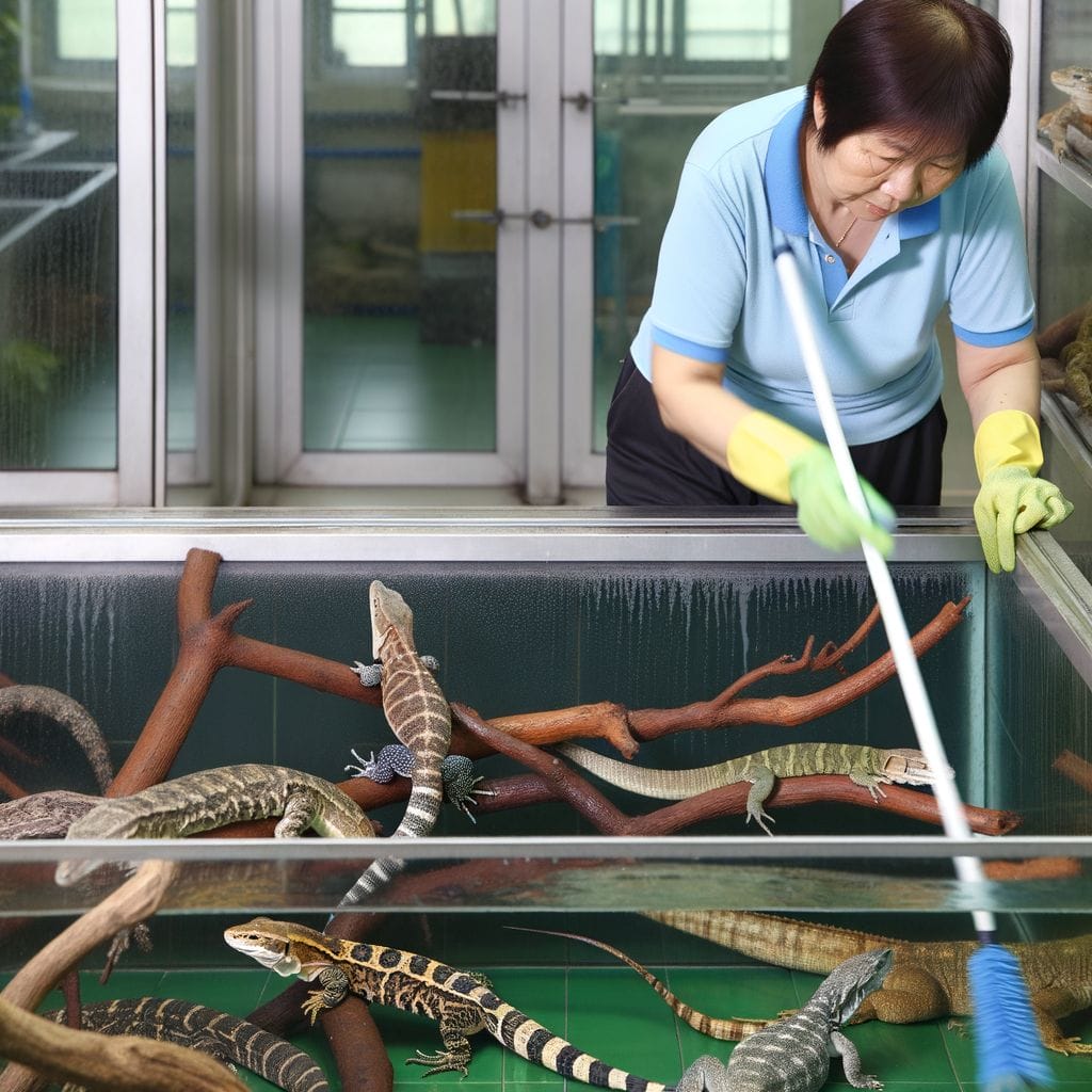 Person cleaning a reptile tank