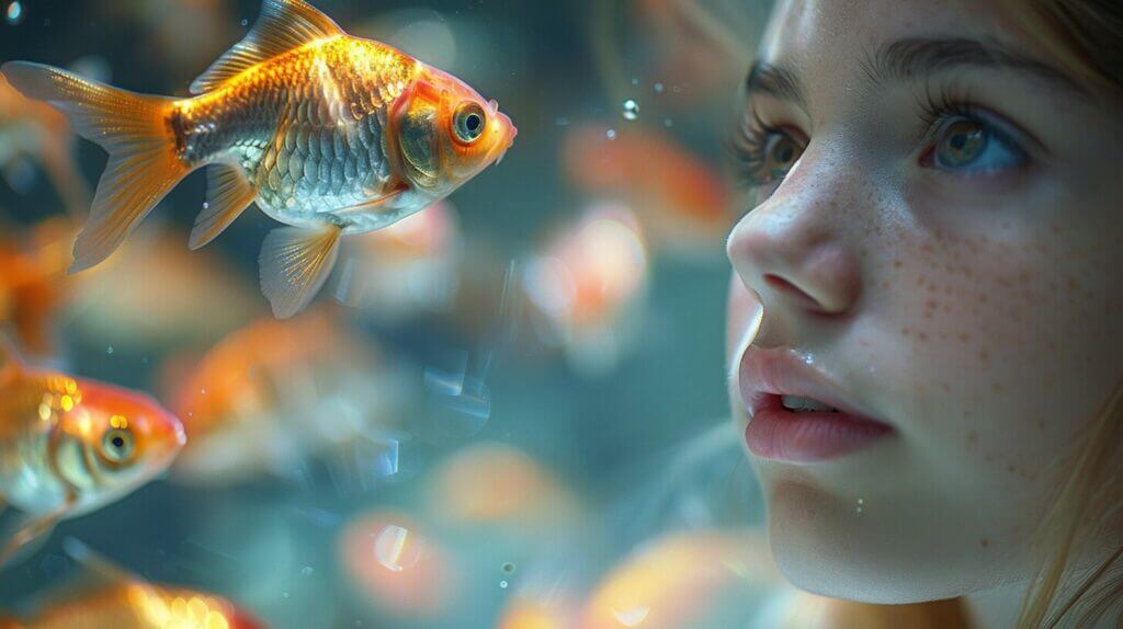 Person observing non-moving fish in tank, showing concern, fish has dull eyes and is surface-floating.