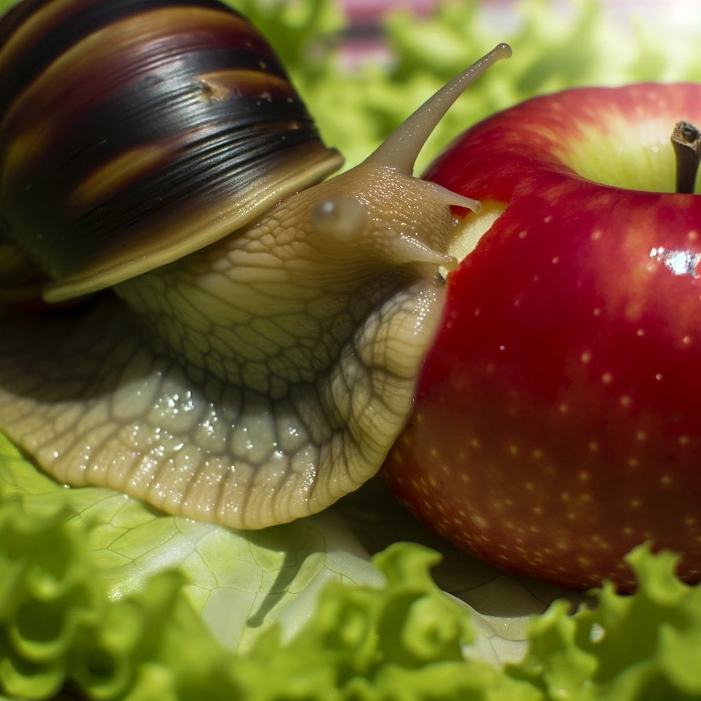 Can Snails Eat Apples featuring a Pet snail eating an apple on lettuce bed
