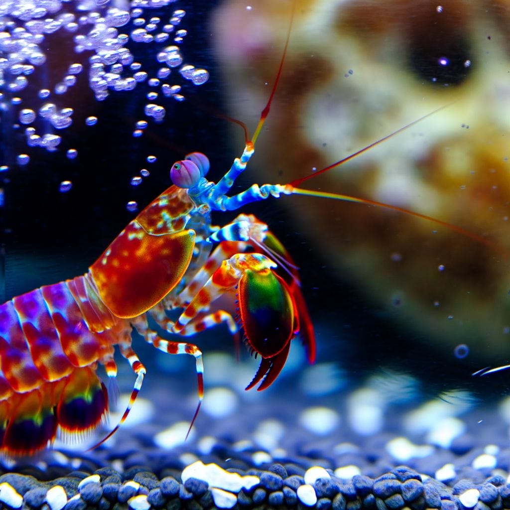 Poised mantis shrimp, raised claws, and bubbles