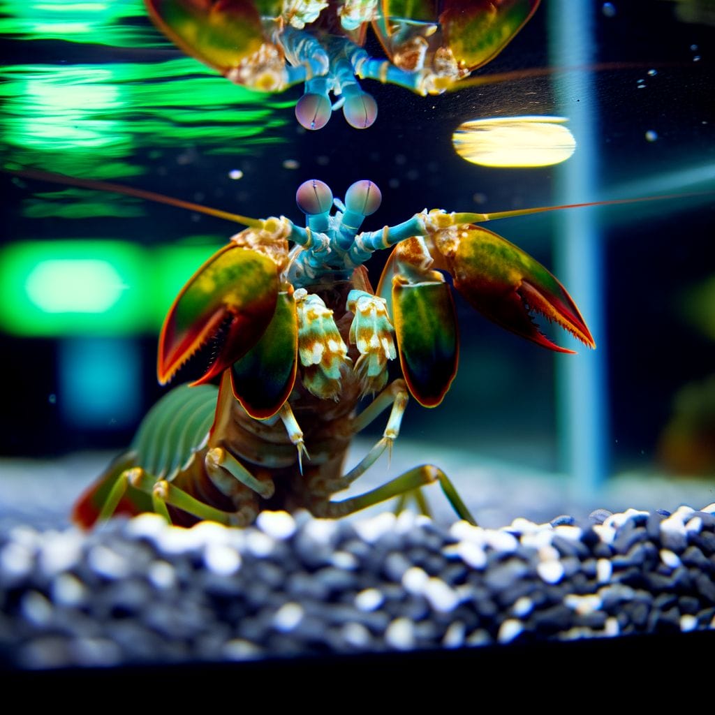 Poised mantis shrimp, raised claws, diverse tank mates, thick unbroken glass.