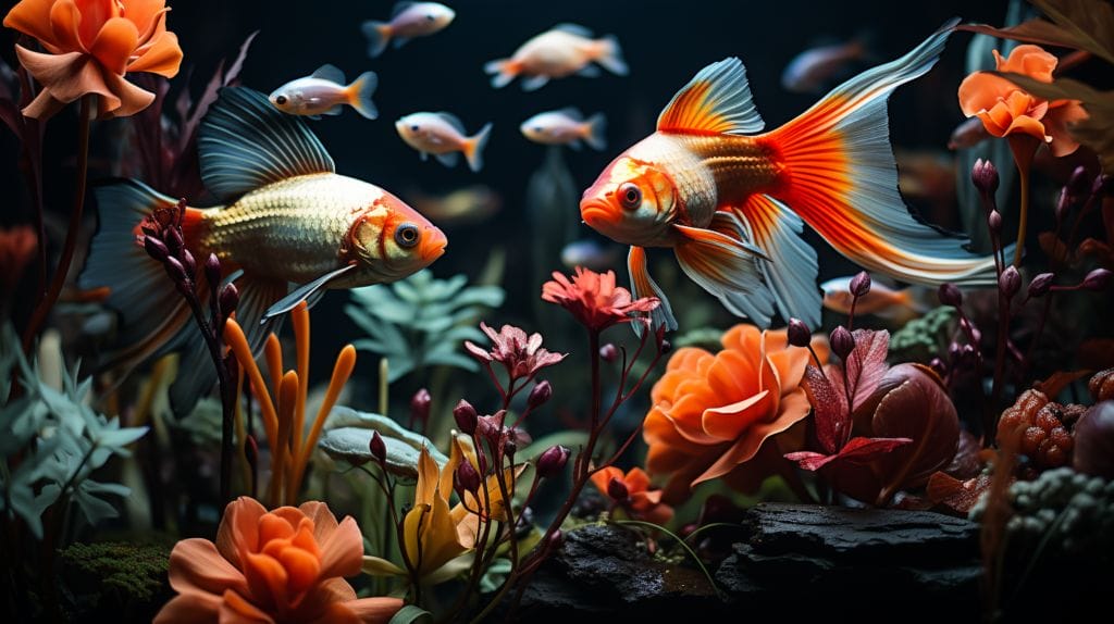 Popular fish like guppies and goldfish in restful states at nighttime.