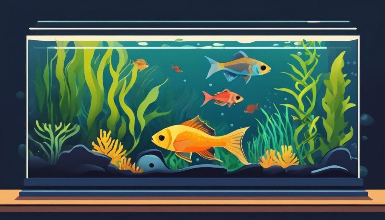 A crowded aquarium with distressed and sick fish swimming aimlessly.