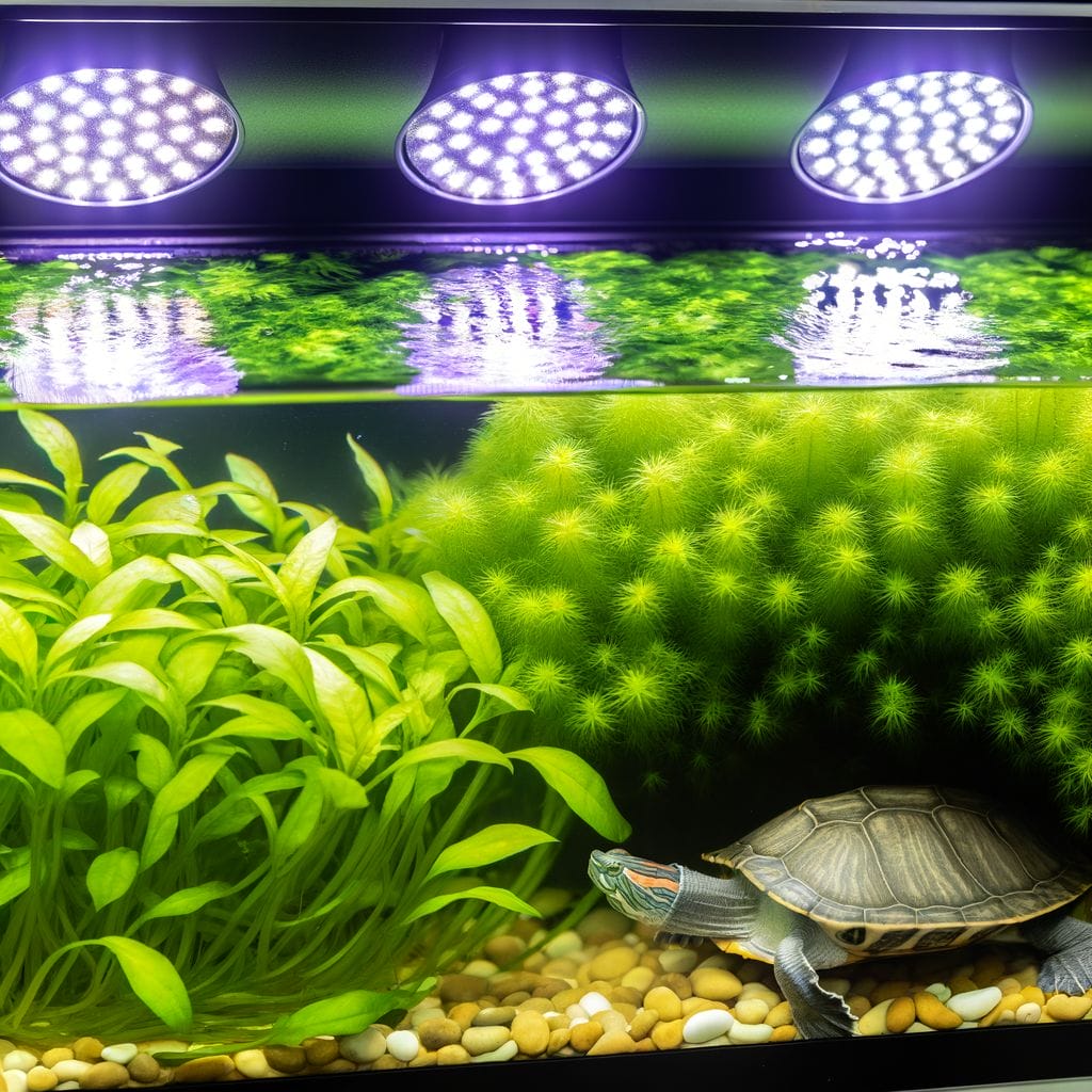 Pristine turtle tank with plants, basking turtle, and LED lighting