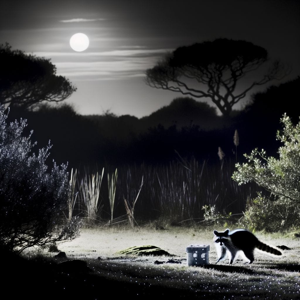 Raccoon approaching discarded BB gun, dramatic moonlit backyard.