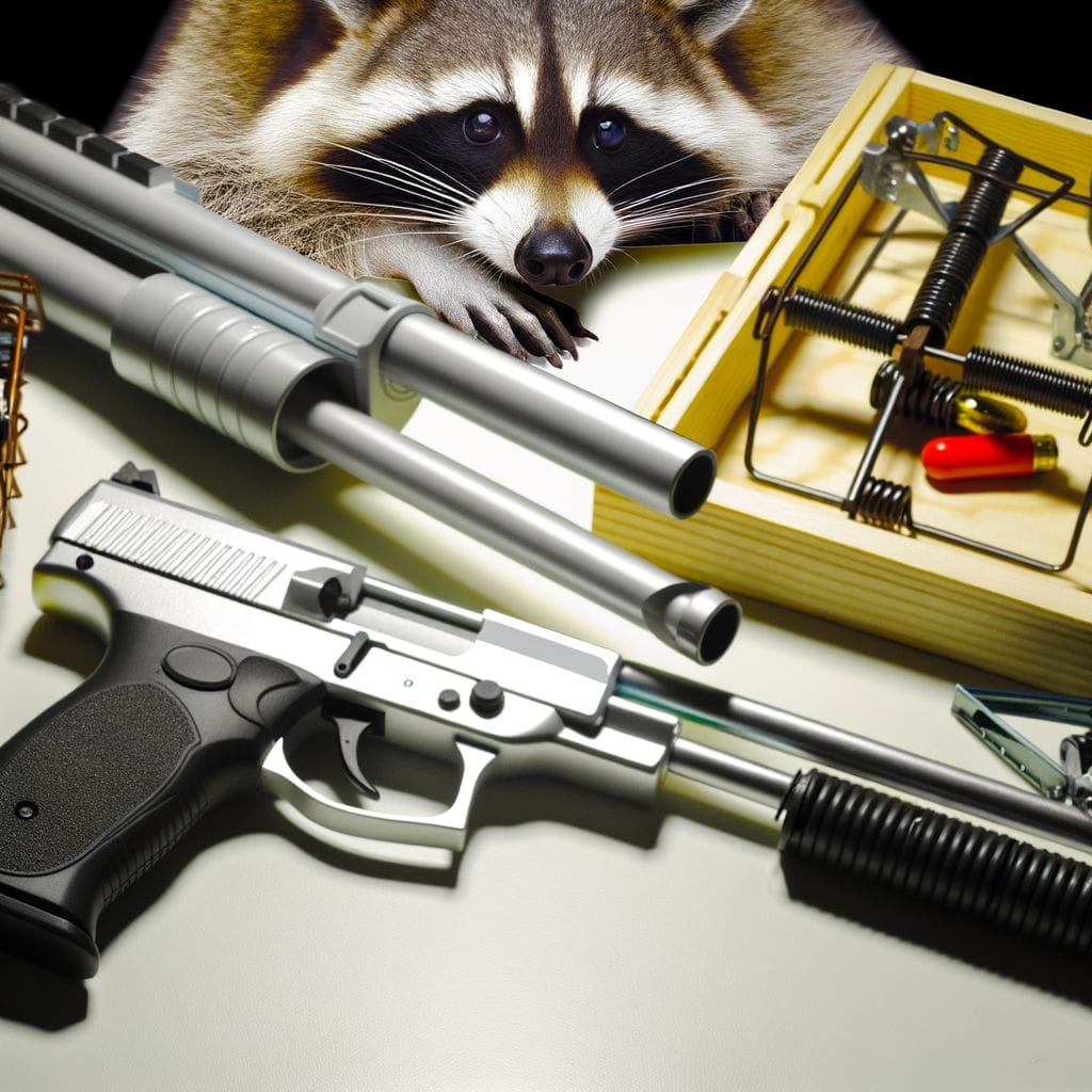 Raccoon in backyard at night, misfired BB gun, discarded pest control tools
