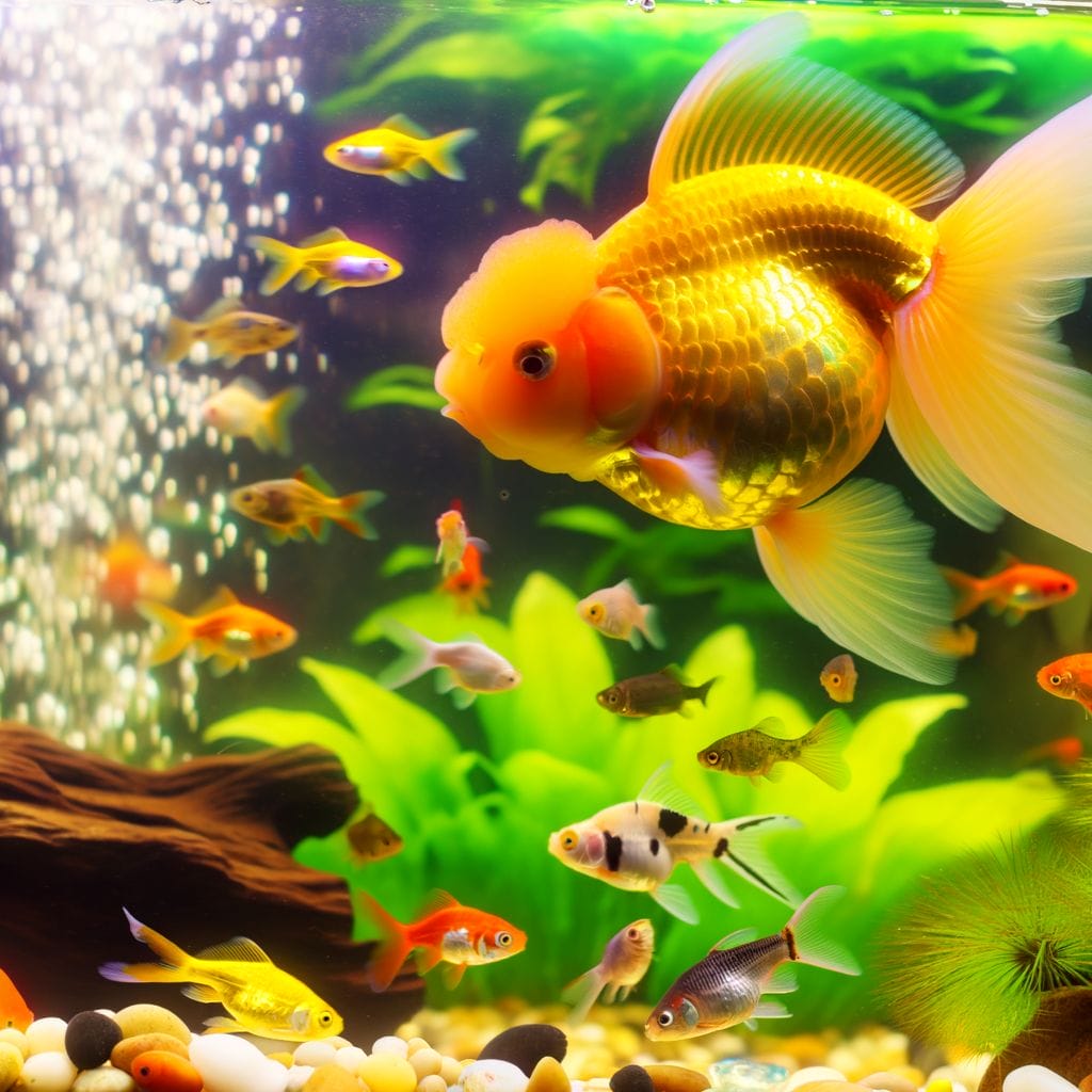 Ranchu Goldfish with assorted tank mates in harmony.