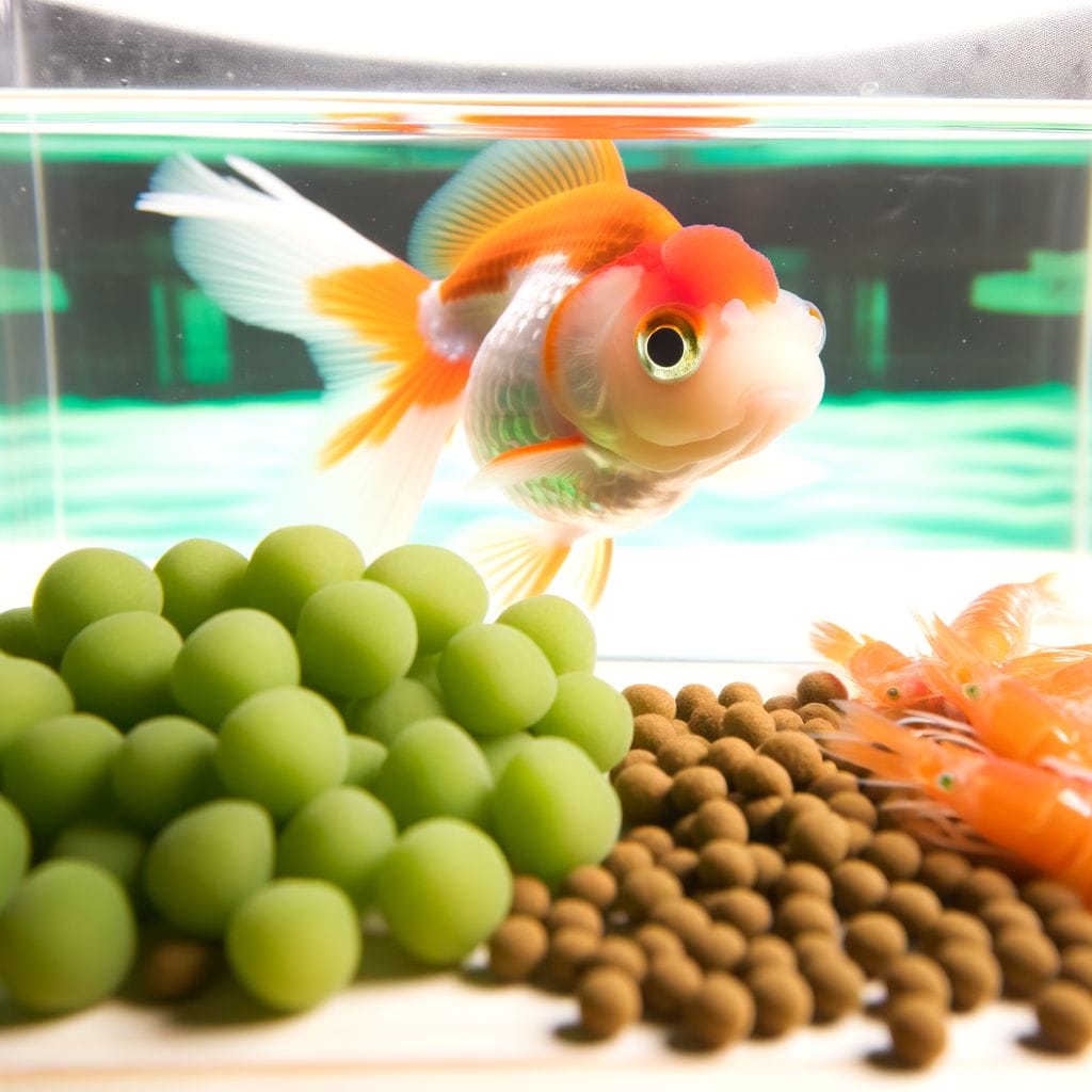 Ranchu goldfish in aquarium with peas, brine shrimp, and pellets