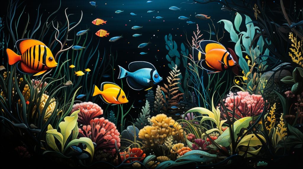 Realistic underwater scene with various fish with large eyes among marine plants