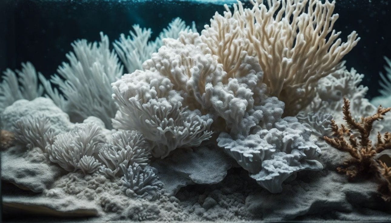 A dirty fish tank filter covered in white deposits with intricate textures.