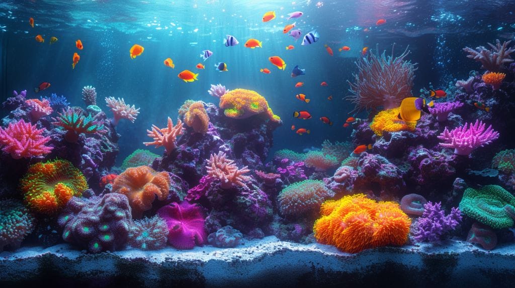 Reef tank, self-sustaining ecosystem, automatic feeder, protein skimmer.