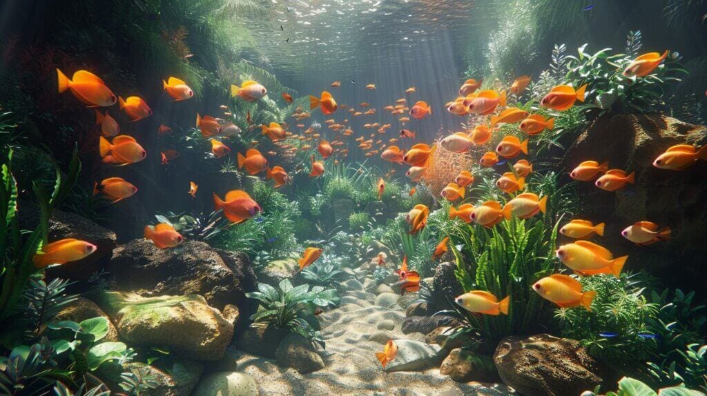 Serene aquarium with diverse fish species among plants and rocks.