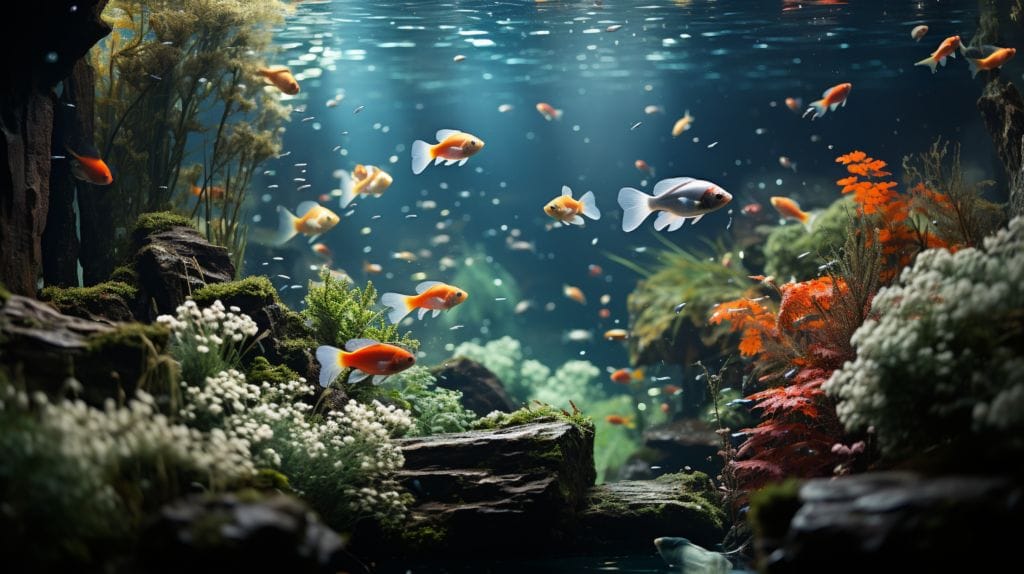 Serene aquarium with gouramis and angelfish