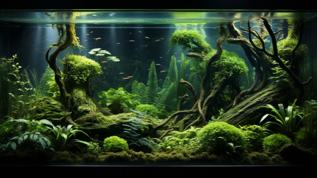 Serene aquarium with lush low-light plants in dim ambient lighting.