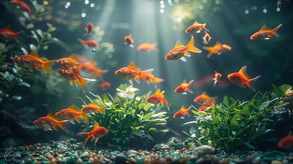 Serene fish tank with colorful gravel and diverse fish.