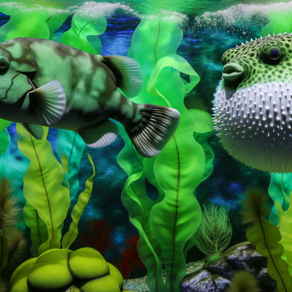 Sheepshead and inflated pufferfish with underwater plants.