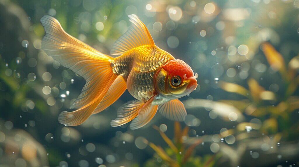 Shimmering goldfish in a clear tank with vibrant plants, peaceful ambiance.