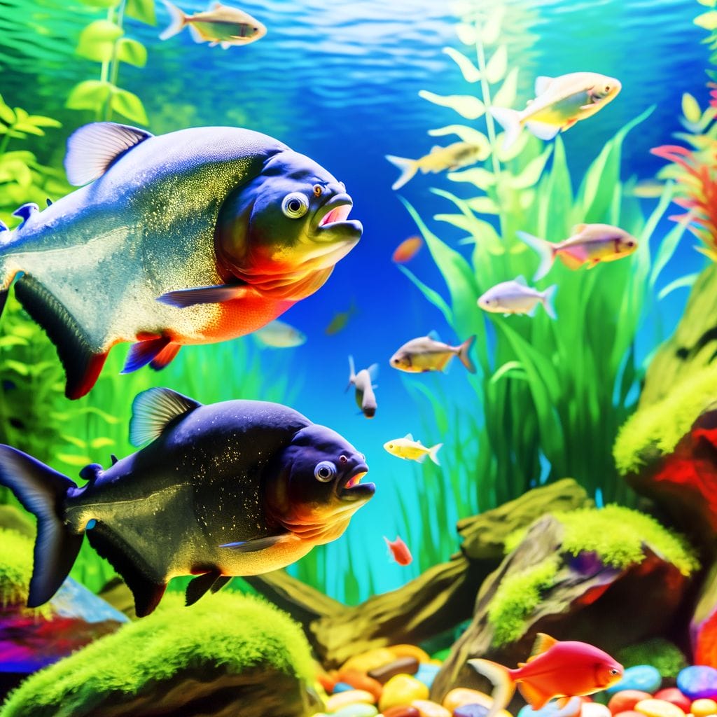 Show a piranha and a black piranha, with their large teeth visible, swimming in a vibrant freshwater environment