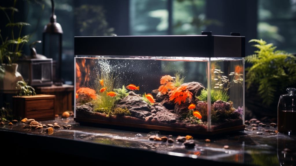 Sleek electric gravel cleaner at work in a tank with clear water and colorful fish