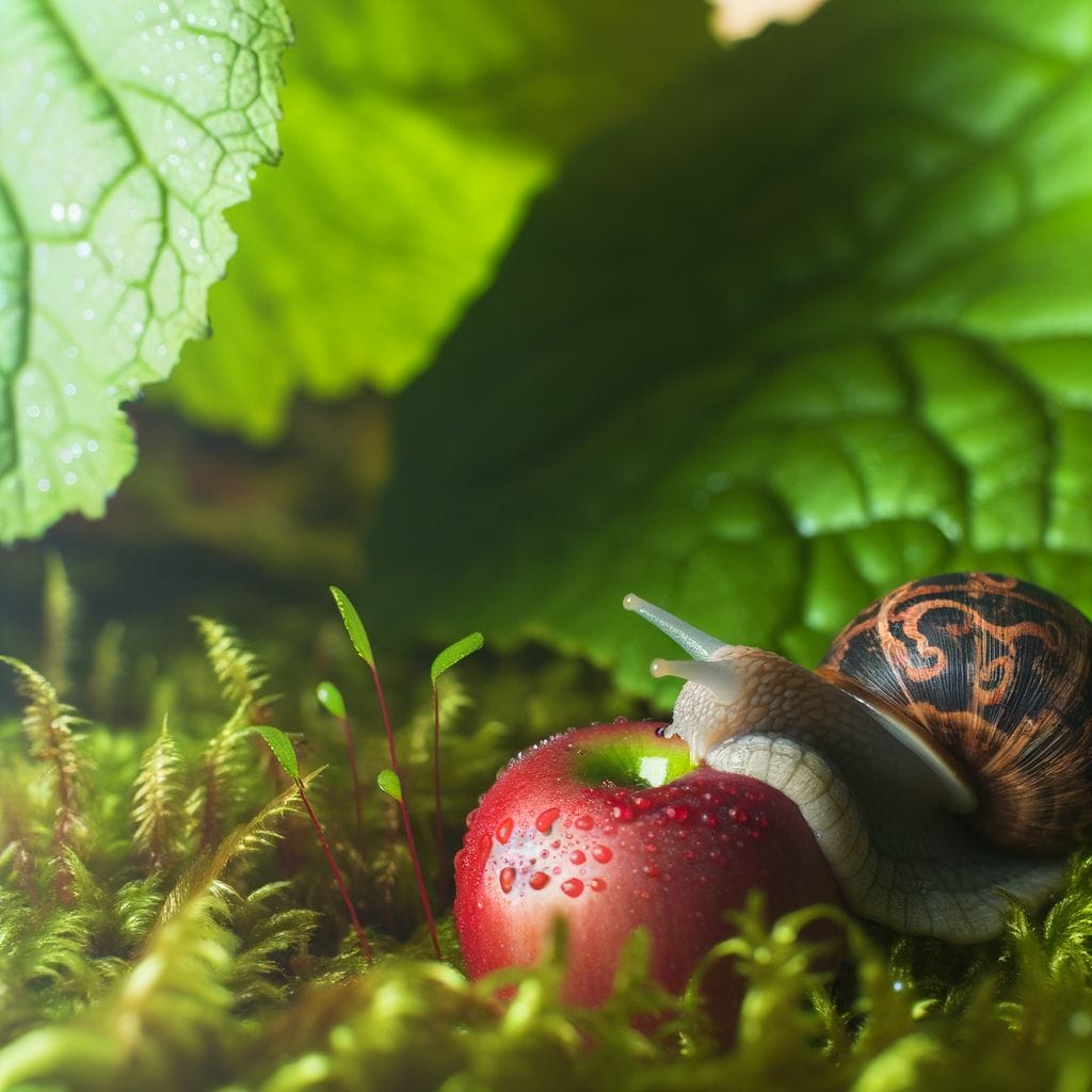 Snail eating apple in naturalistic setting