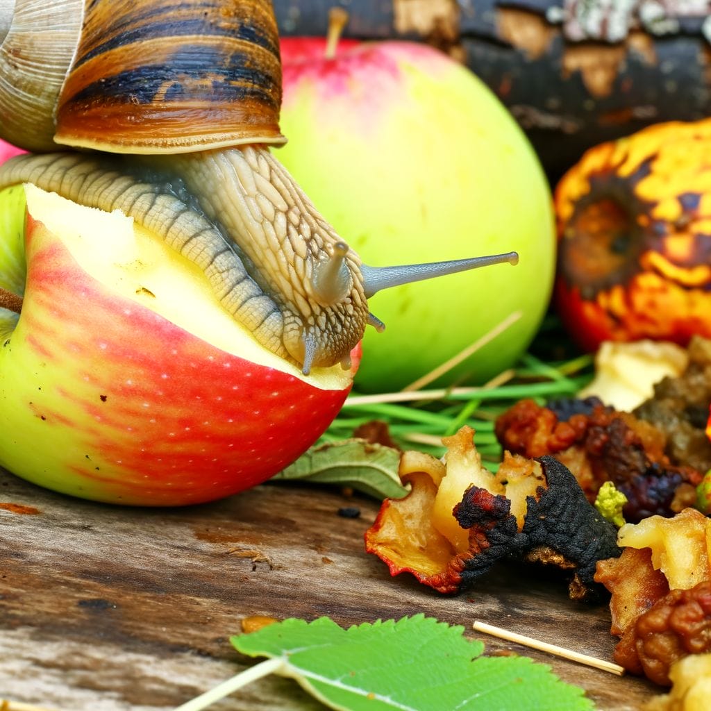 Snail eating apple with assorted snail food
