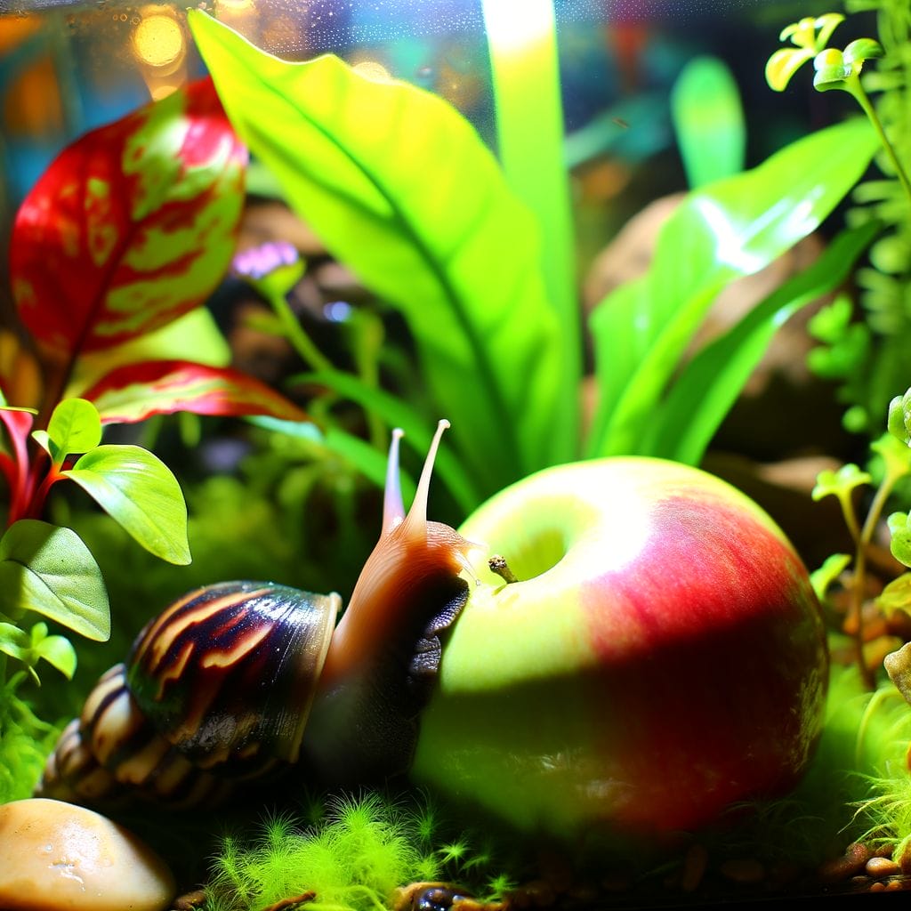 Snail feasting on apple in vibrant terrarium