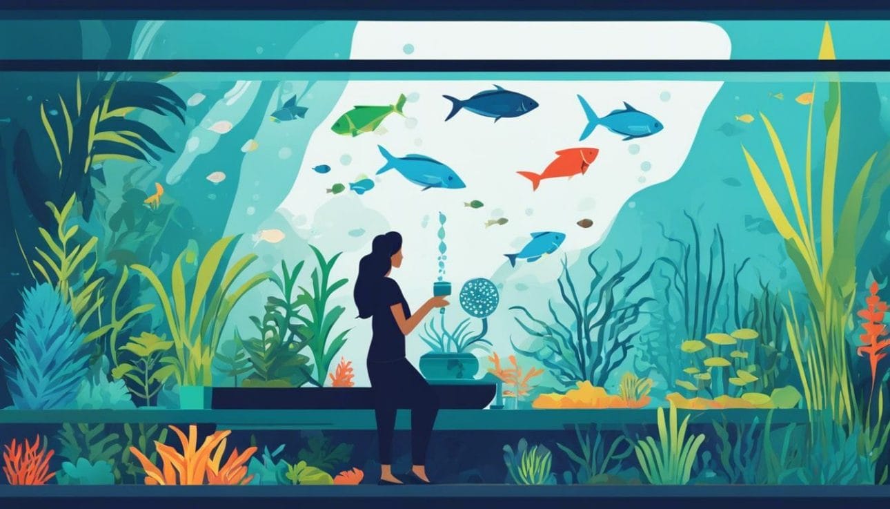 A person tends to an overflowing fish tank filter in a serene aquarium.