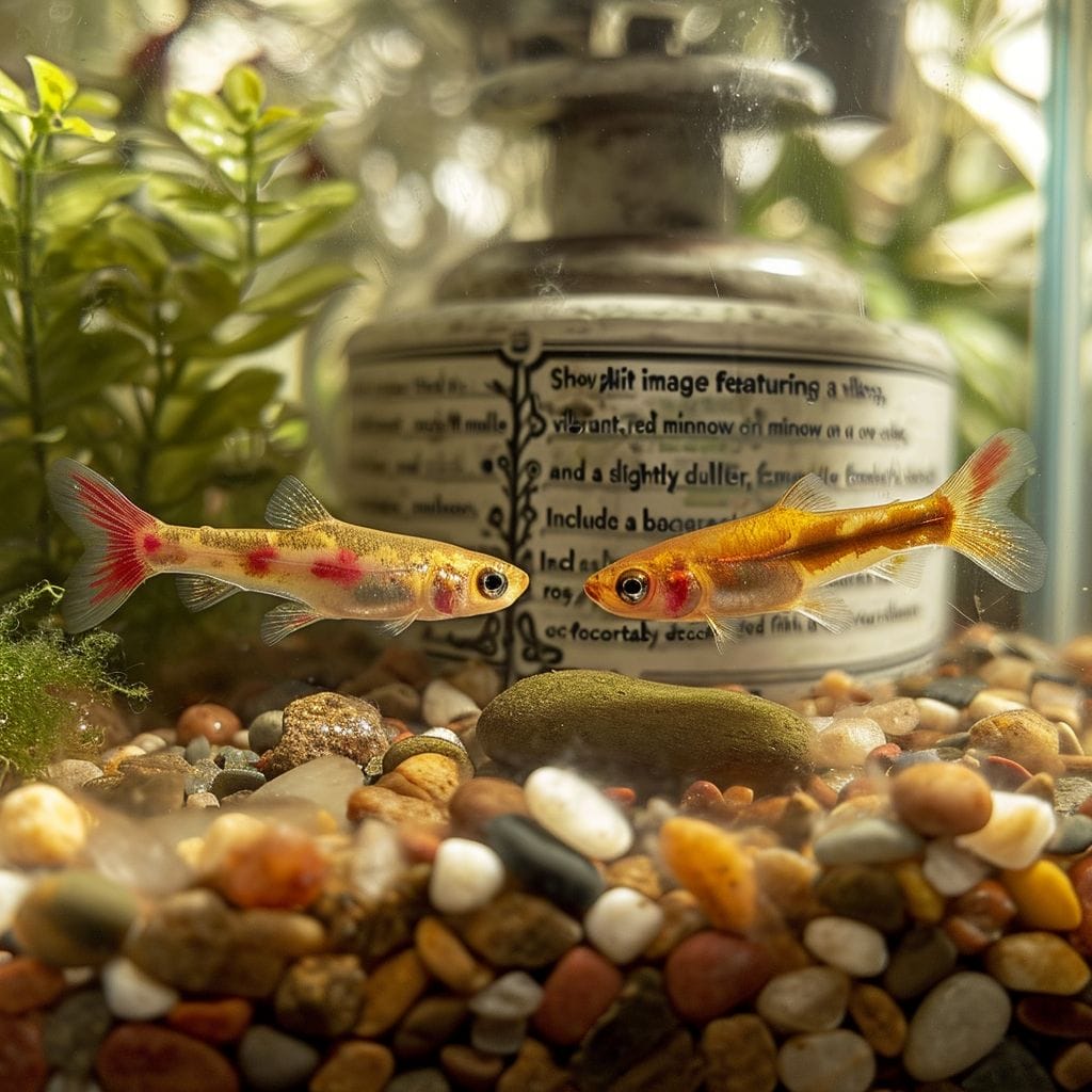 Split image of male and female rosy red minnows in a decorated tank