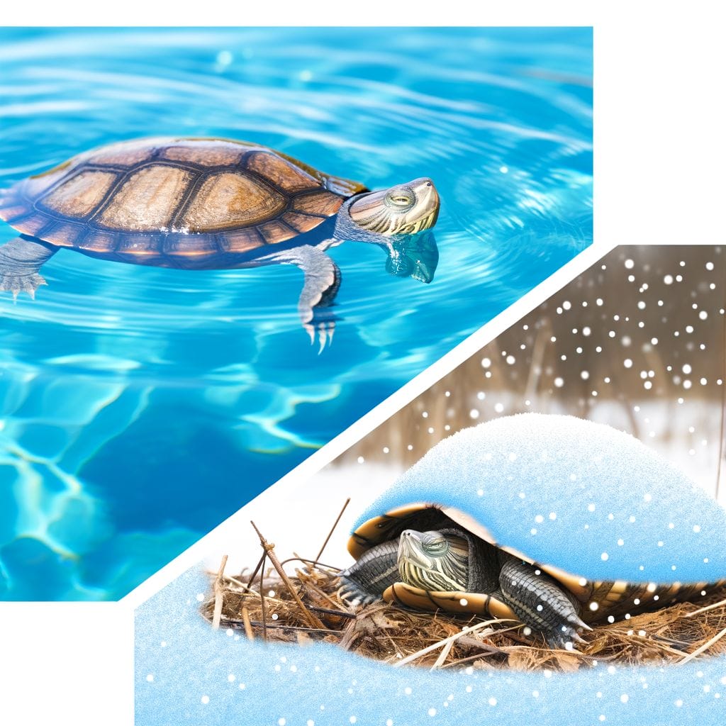 Split-screen inactive turtle in water and hibernation