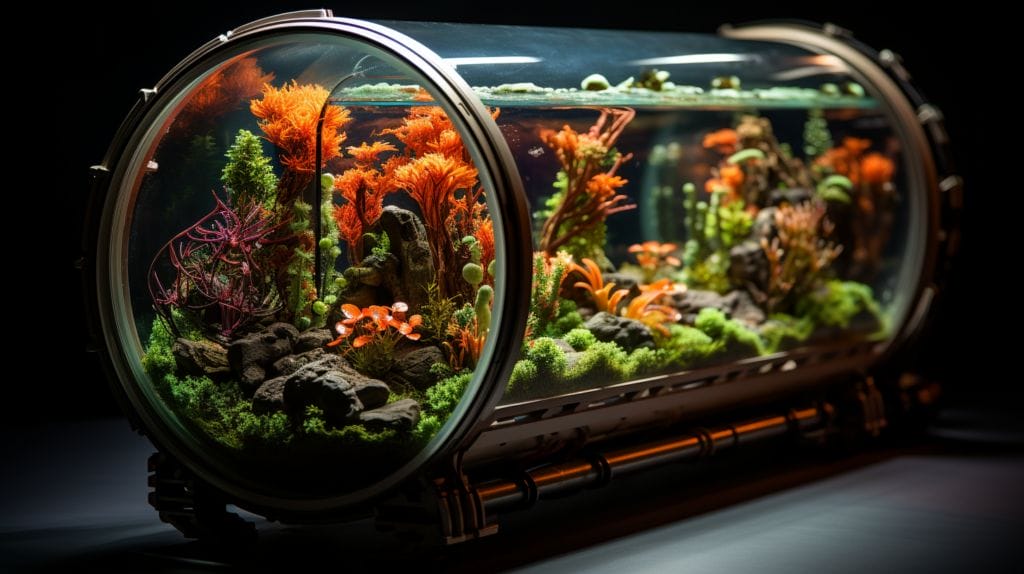 Split-view aquarium visual with separate chambers for mechanical sponge