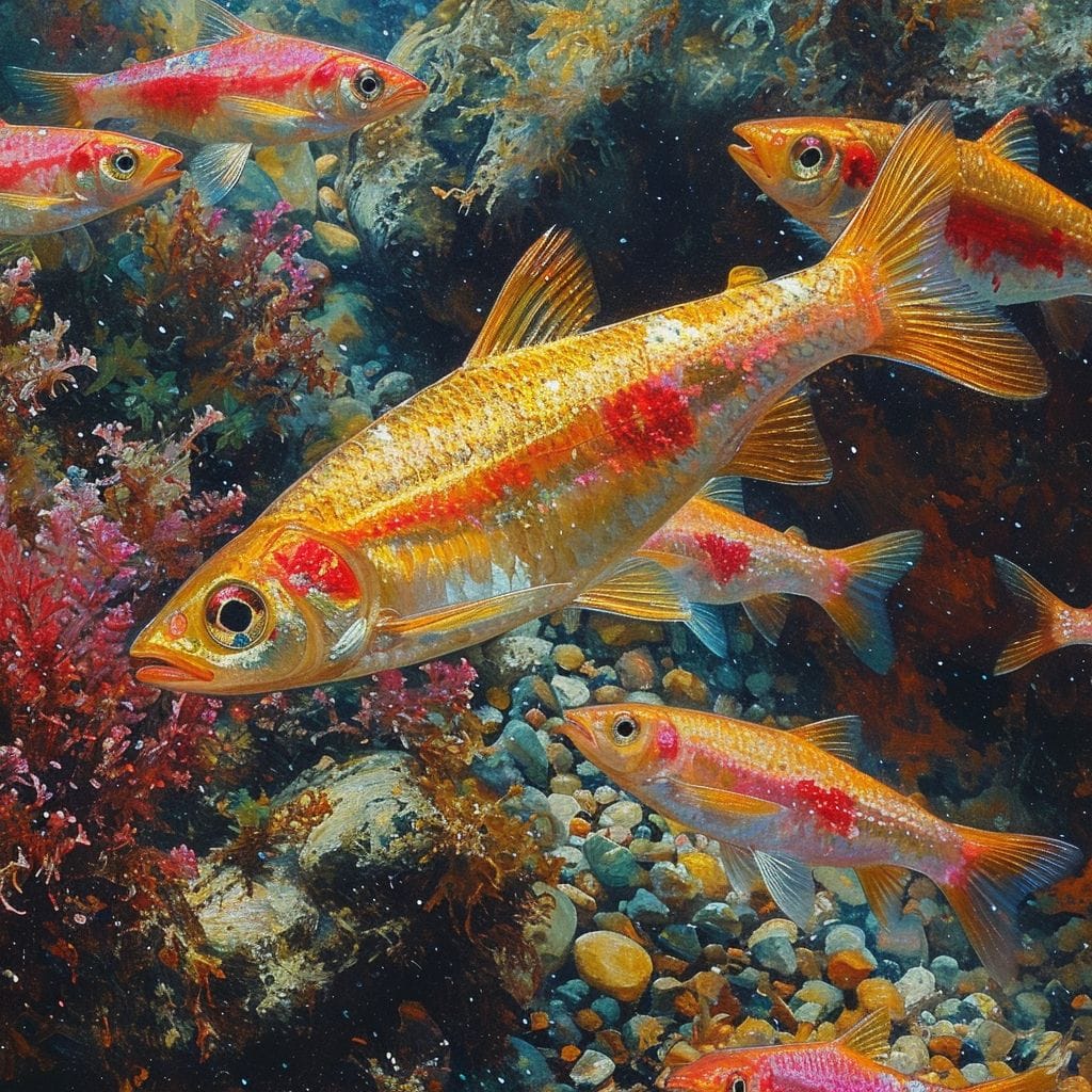 Split-view of a male and female minnows' aquarium