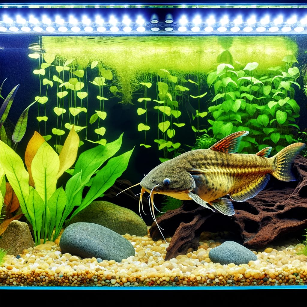 Sun Catfish in aquarium, rocks, plants, proper lighting for growth.