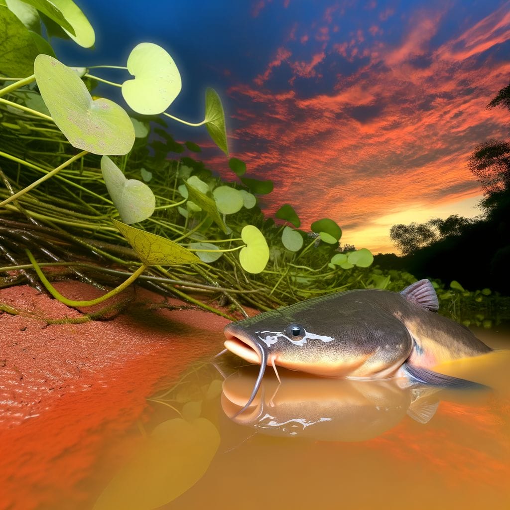 SHow Big Do Sun Catfish Getun catfish in natural habitat, muddy river, dense aquatic plants, sunset ambiance