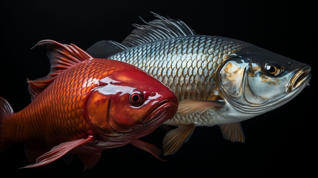 Swollen abdomen fish with healthy comparison