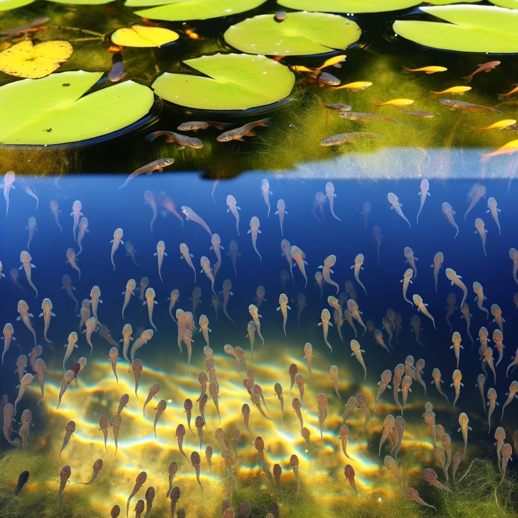 Tadpole-filled pond with interactive fish