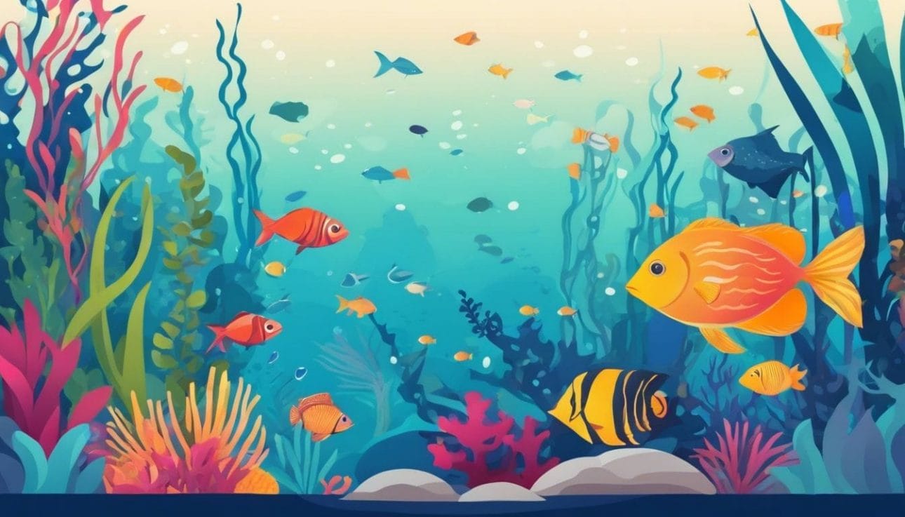 A serene underwater scene with colorful fish and vibrant plants.
