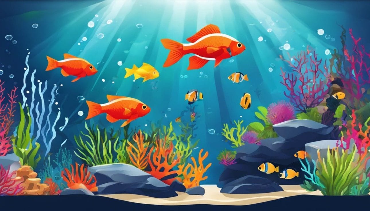 A vibrant, healthy aquarium with colorful fish and coral in clear water.