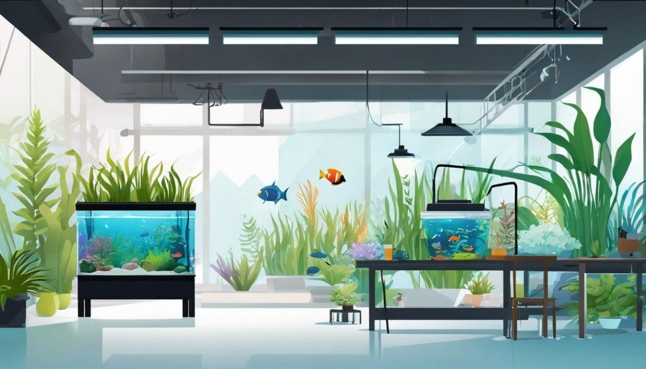 Assembling DIY aquarium filter in vibrant, serene underwater workshop setting.