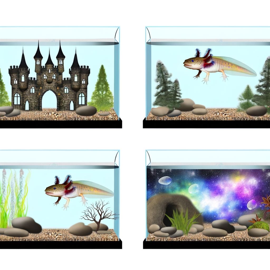 Themed axolotl tanks with underwater castle, forest, galaxy, plants, rocks