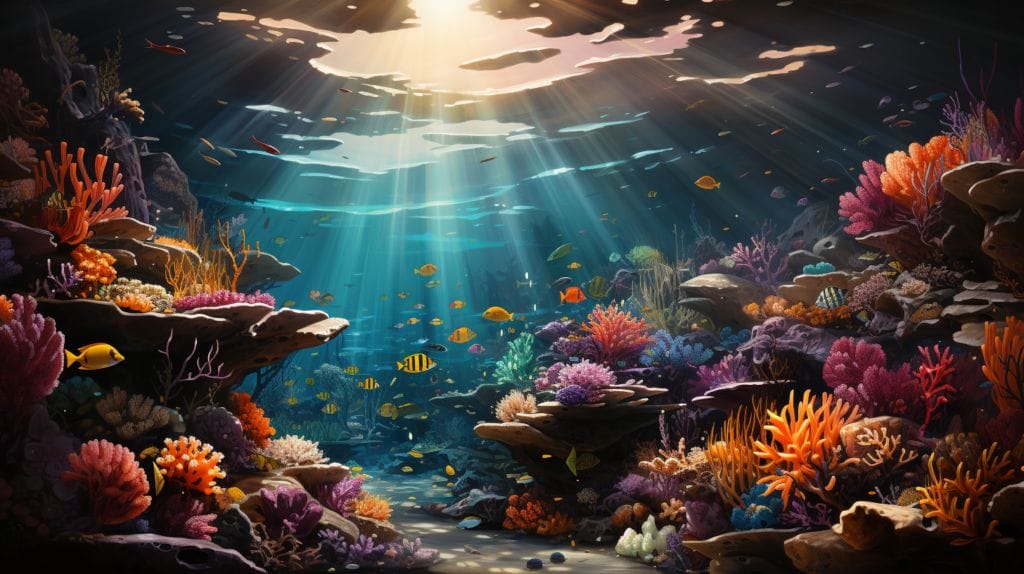 Thriving coral reef with varying light spectrum