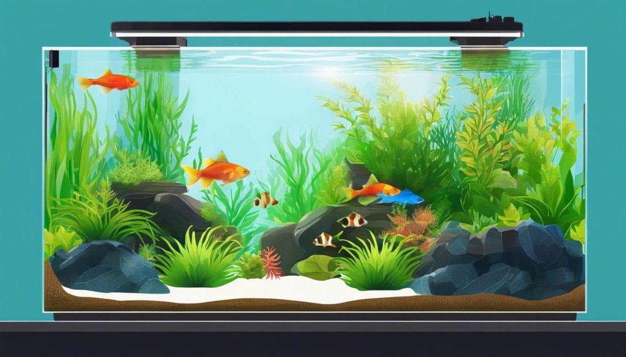 A solar-powered fish tank filter in an eco-friendly aquarium with vibrant aquatic plants and colorful fish swimming.