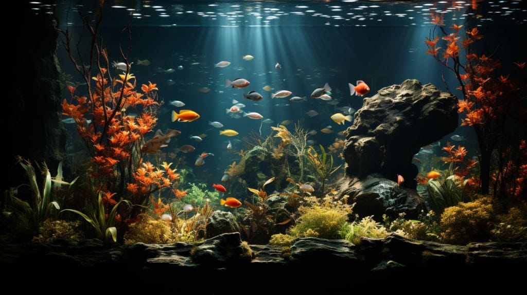 Tranquil freshwater aquarium with gouramis and angelfish